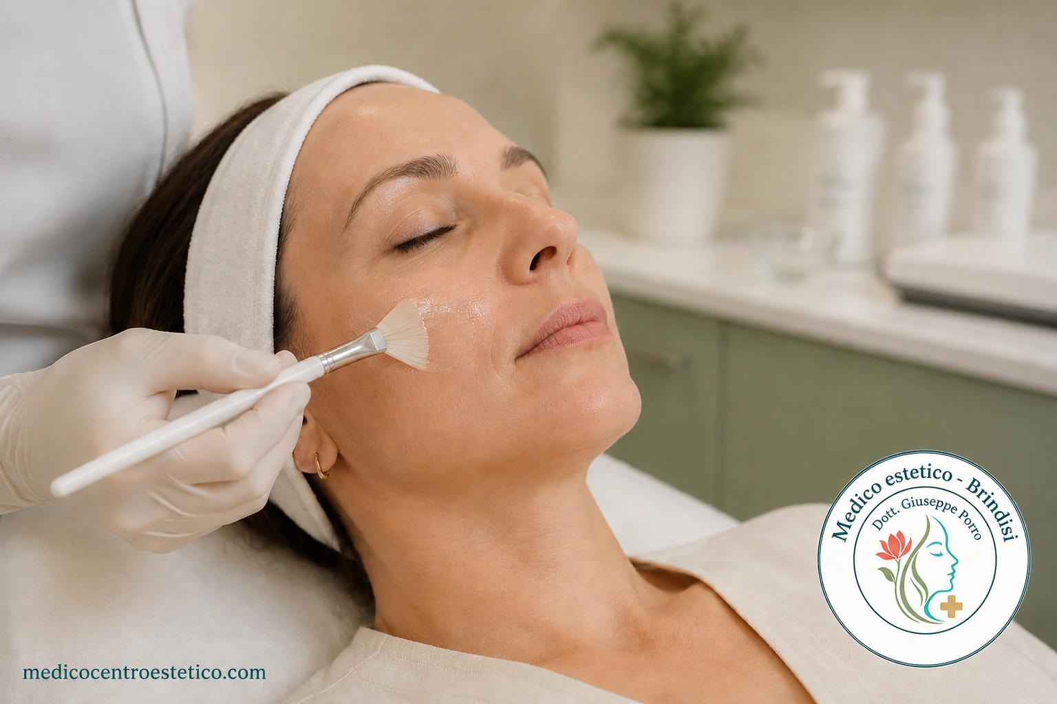 Applicazione controllata di un peeling sul viso: medico estetico Dott. Giuseppe Porro